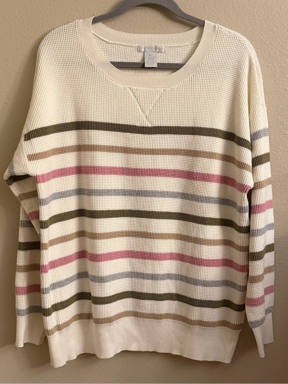 Design History Cream Crewneck Sweater with Pink, Olive, Taupe & Gray Stripes- XL